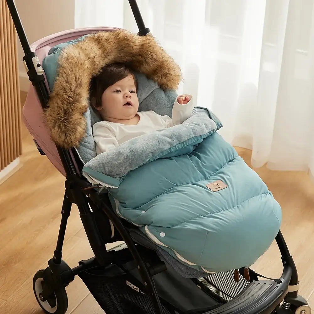 Winter Baby Stroller Footmuff – Warm Flannel &amp; Fur Collar