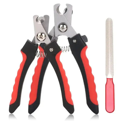 Professional pet nail clipper with sickle blade and nail file set, stainless steel grooming scissors for dogs and cats.