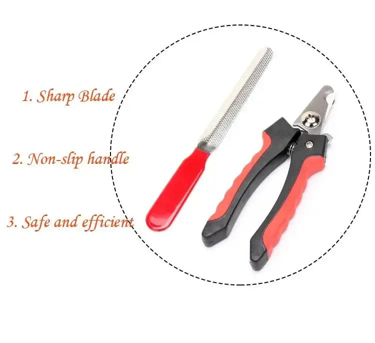 Professional pet nail clipper and file with sharp blade, non-slip handle for safe and efficient grooming of dogs and cats.