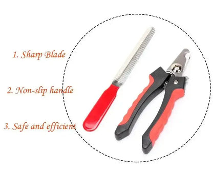 Professional pet nail clipper and file with sharp blade, non-slip handle for safe and efficient grooming of dogs and cats.