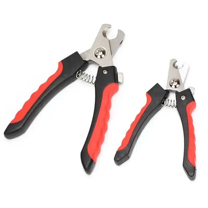 Professional pet nail clippers with sickle blades and red-black handles made of stainless steel for dogs and cats grooming.