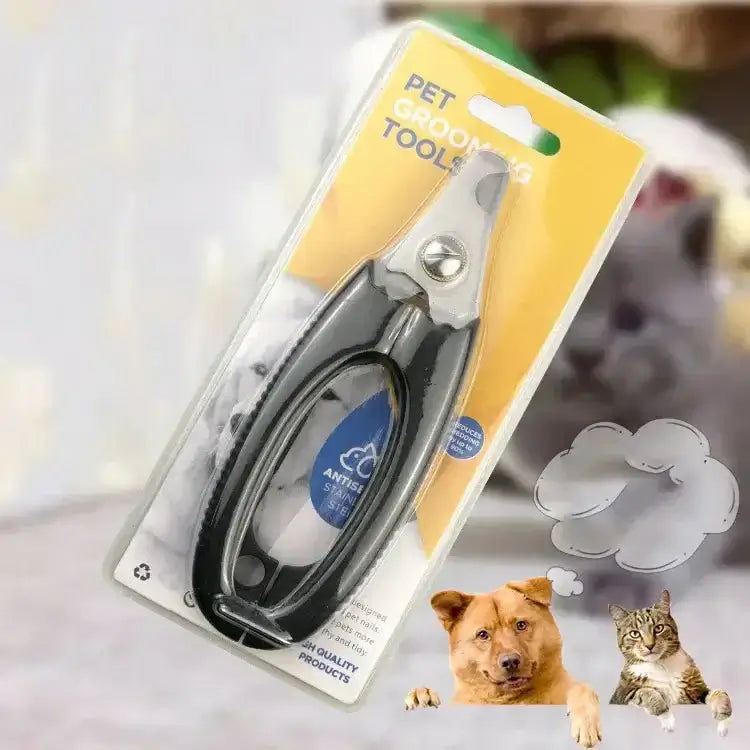 Professional pet nail clipper with sickle blade in packaging, stainless steel grooming scissors for dogs and cats.