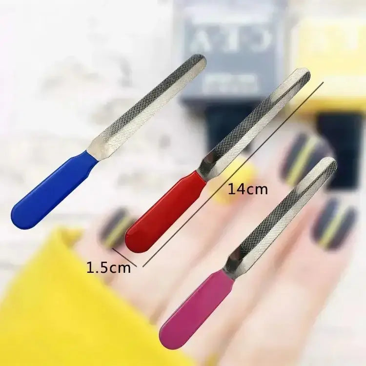 Colorful stainless steel pet nail files with measurements showing 14cm length and 1.5cm width against blurred background.