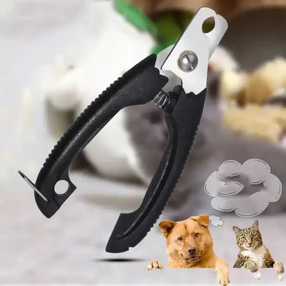 Professional pet nail clipper with sickle blade and stainless steel grooming scissors for dogs and cats.