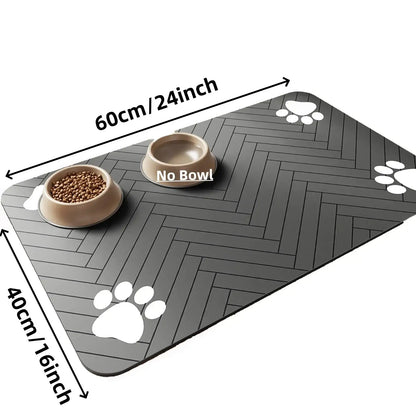 Waterproof pet feeding mat with paw prints, dimensions 60cm x 40cm, featuring bowls for food and water.