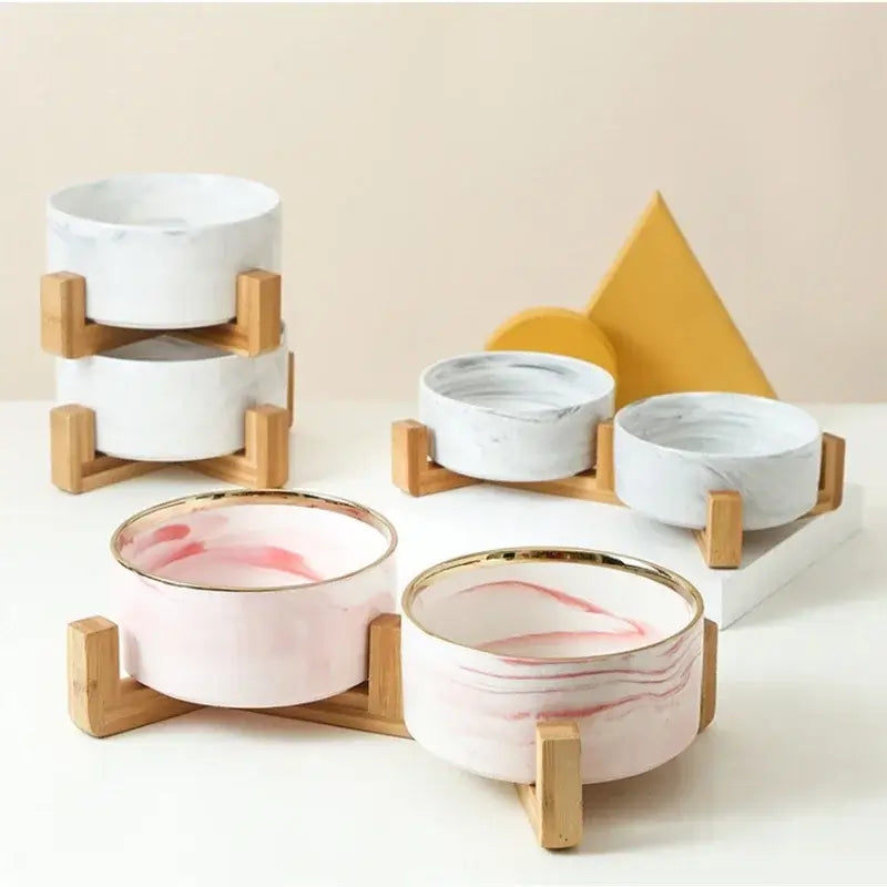 &quot;Ceramic Pet Bowls with Wooden No-Spill Stand&quot;