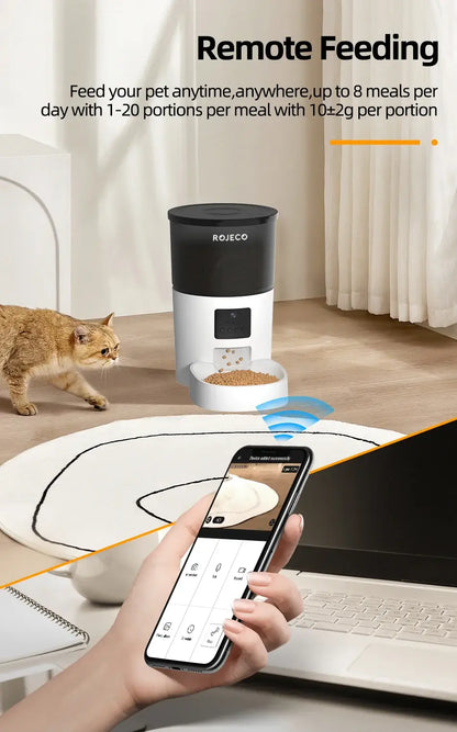 Smart pet feeder with remote control, allowing up to 8 meals daily and featuring a cat in a cozy home setting.