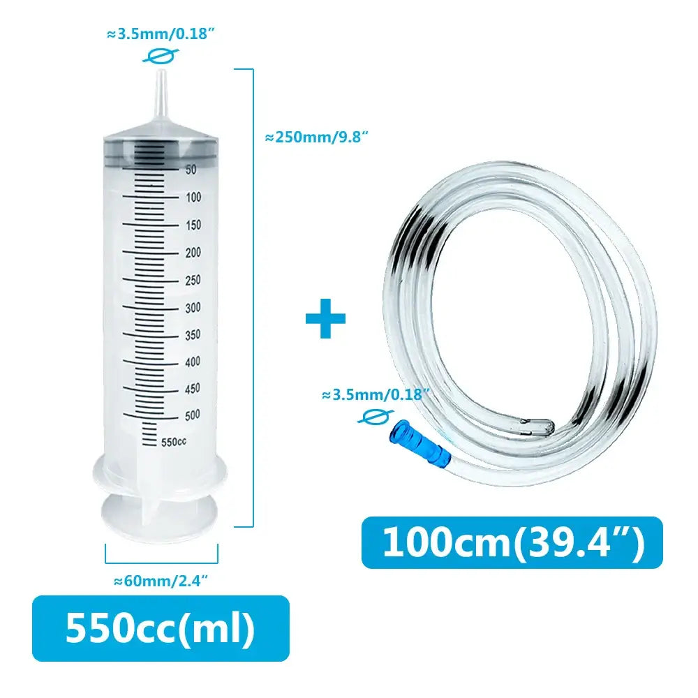 Multifunction syringe for pets, 550 ml capacity, includes 100 cm hose, ideal for liquid feeding and care.