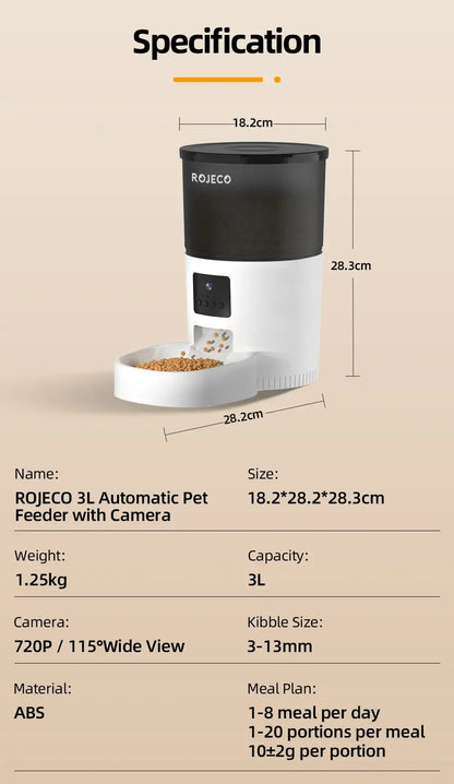 Rojeco 3L automatic pet feeder with camera, specs include size, weight, capacity, kibble size, and meal plan details.