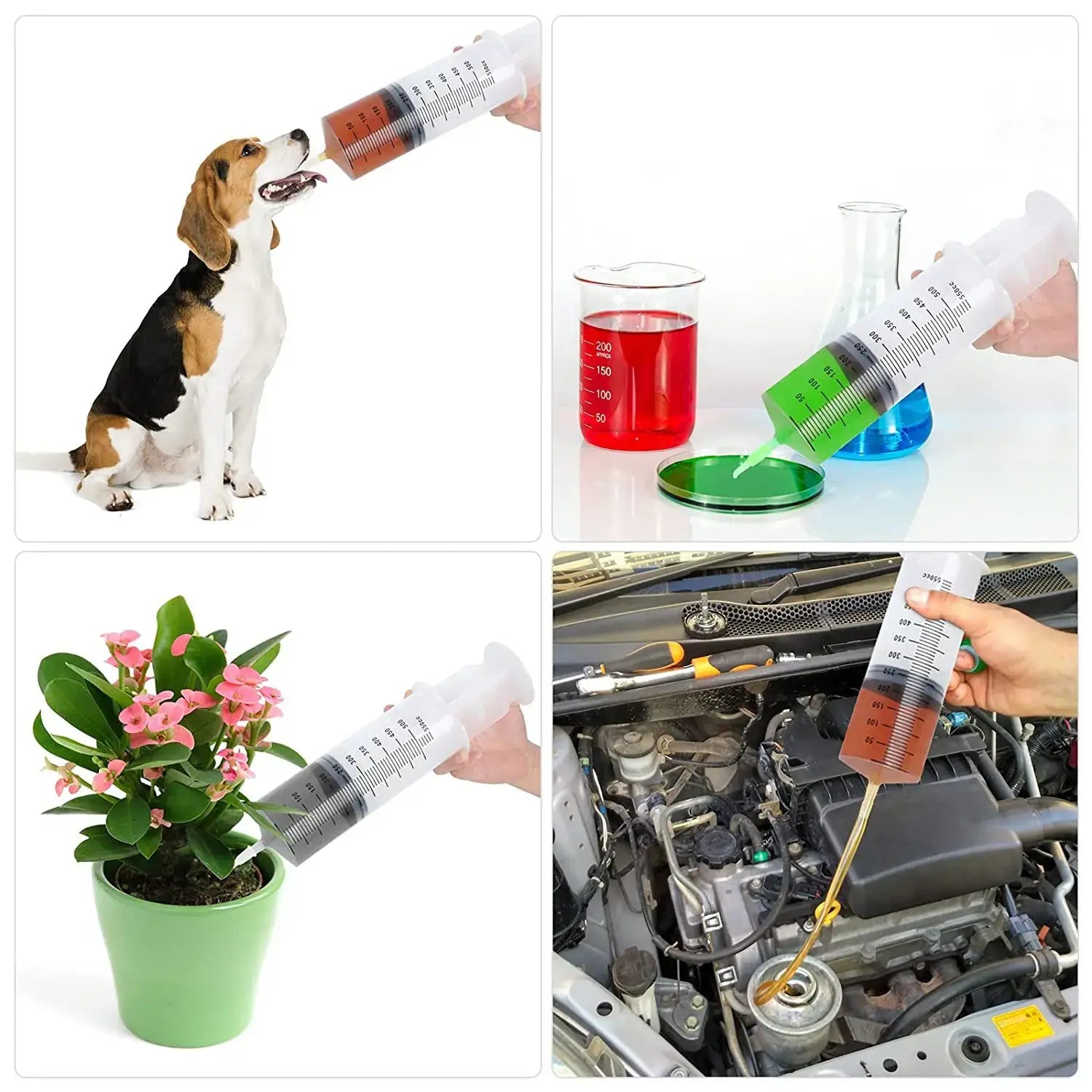 Multifunction syringe for pet care, measuring liquids for animals, plants, and vehicles in various settings.