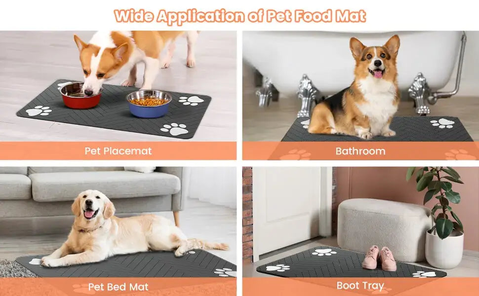 Waterproof pet feeding mat in various settings: placemat, bathroom, pet bed mat, and boot tray, showcasing versatility.