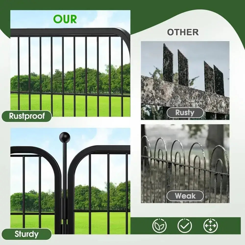 Comparison showing rustproof and sturdy metal dog fence with gate versus rusted and weak alternative fences