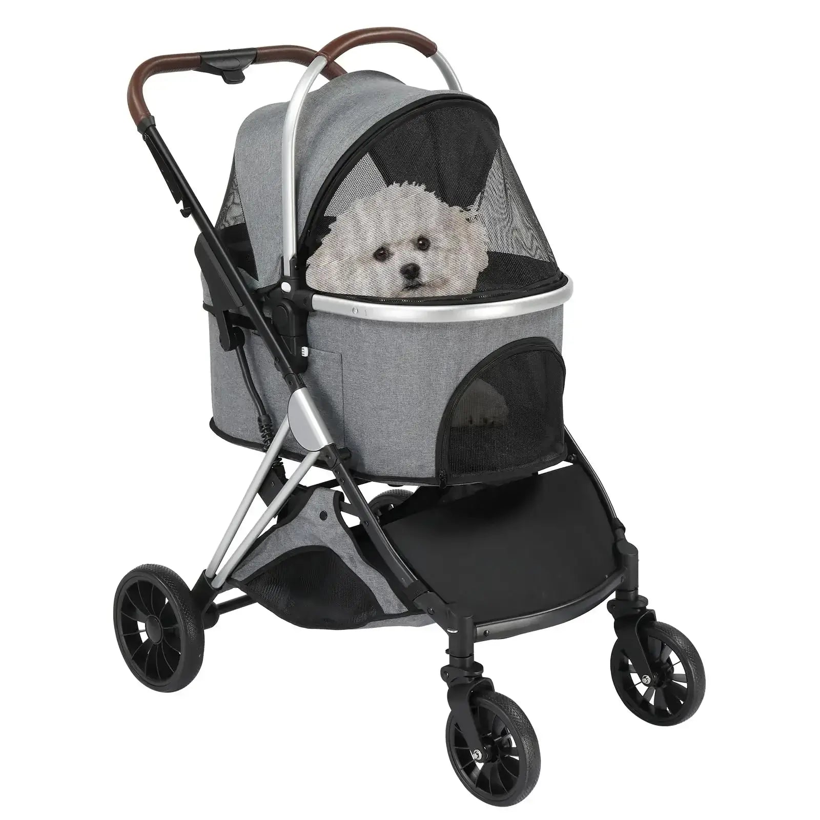 Dog stroller cart for extra large pets, folding pet wagon with 4 wheels, supports up to 100 lbs, gray with small dog inside.