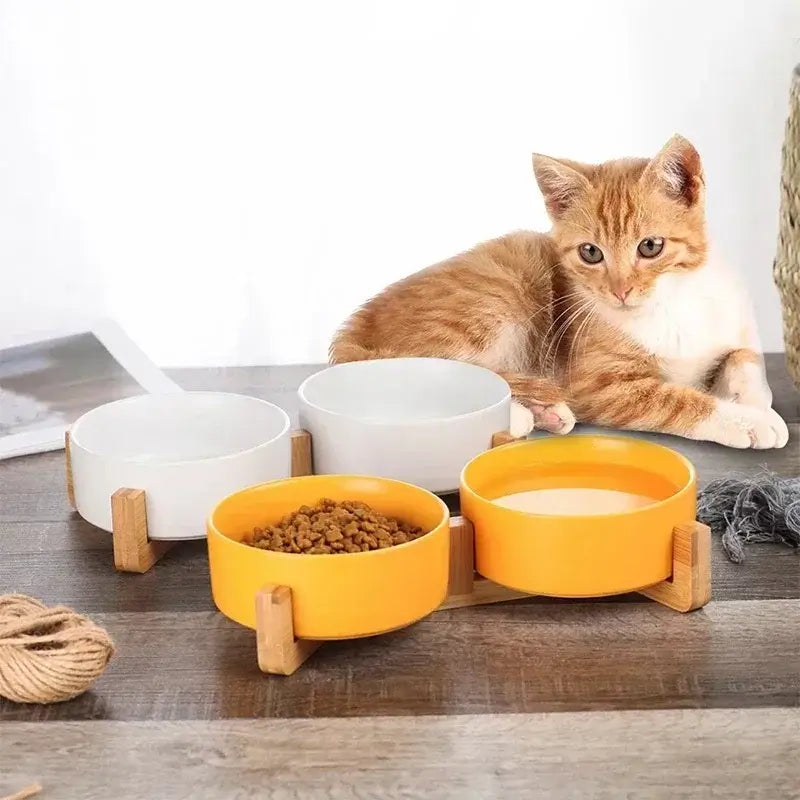 &quot;Ceramic Pet Bowls with Wooden No-Spill Stand&quot;