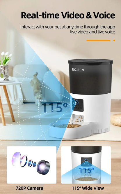 Smart pet feeder with 720P camera and 115° wide view for real-time video and voice interaction through the app.