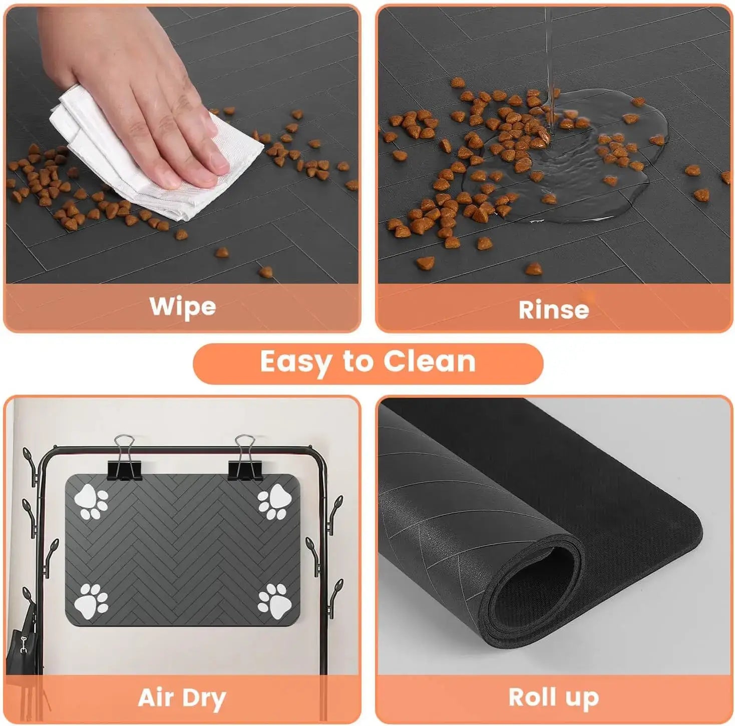 Waterproof pet feeding mat showcasing easy cleaning steps: wipe, rinse, air dry, and roll up. Ideal for pet owners.