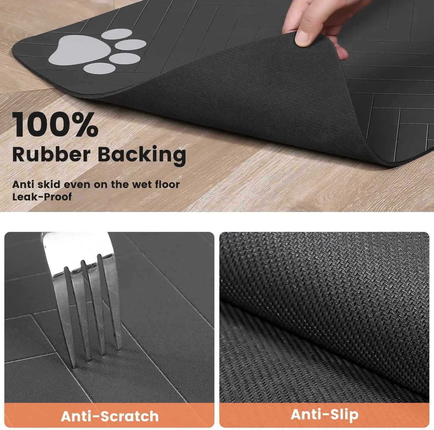 Waterproof pet feeding mat with 100% rubber backing, anti-slip, and anti-scratch features for clean floors.