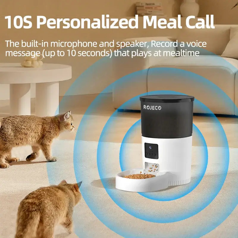 Smart pet feeder with 10-second personalized meal call, featuring microphone, speaker, and automatic food dispensing.