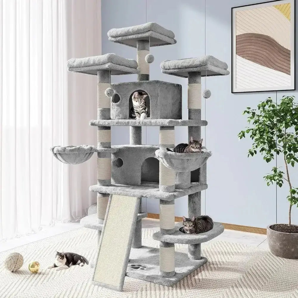 &quot;68 - Inch Multi - Level Cat Tree with Condo, Scratching Posts &amp; Towers – Light Grey&quot; - Paws For Baby