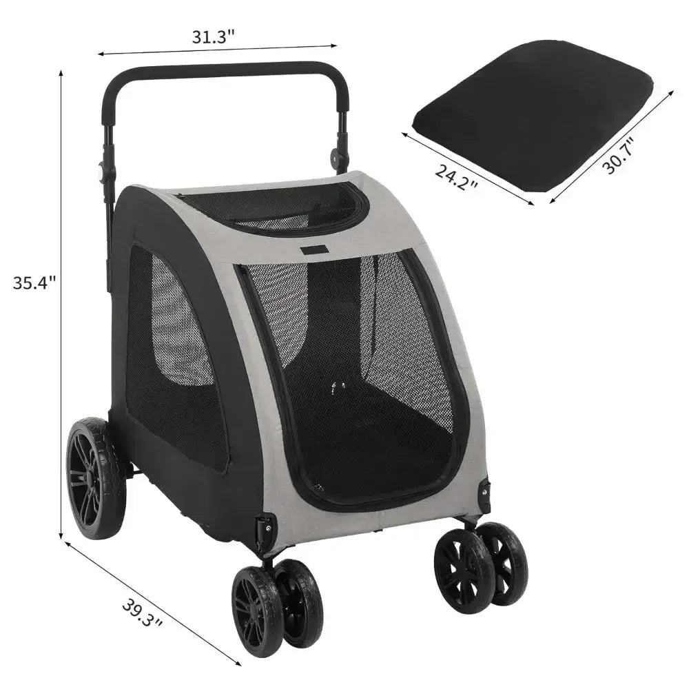 Dog stroller cart for extra large pets, black and grey color, dimensions display, supporting up to 100 pounds, with 4 wheels.