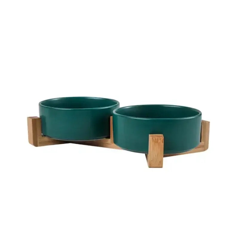 &quot;Ceramic Pet Bowls with Wooden No-Spill Stand&quot;