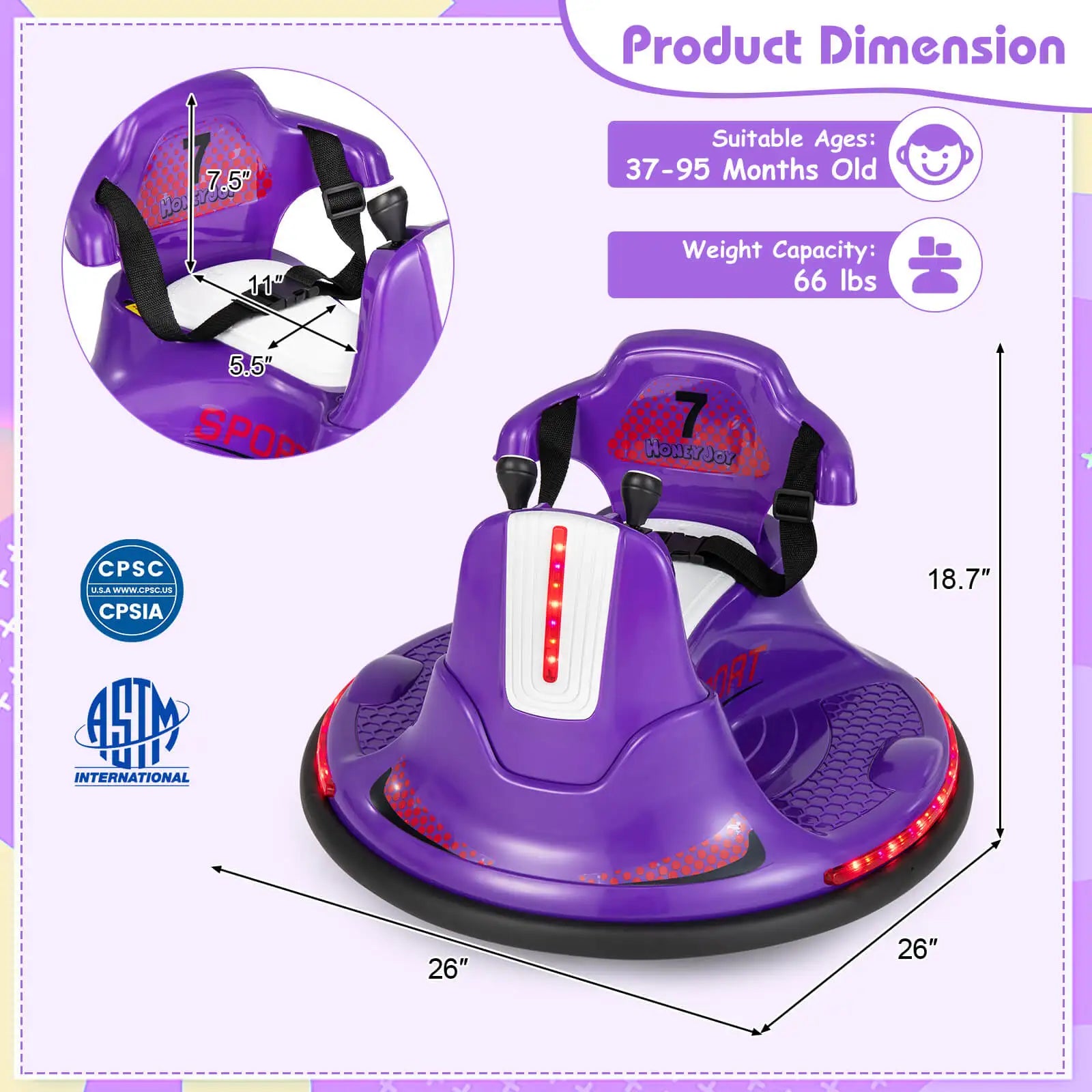 12V Electric Car for Kids – 360° Spinning Purple