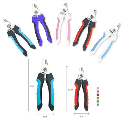 Various colors of professional pet nail clippers with sickle blades, made of stainless steel for precise grooming of dogs and cats.