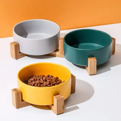 &quot;Ceramic Pet Bowls with Wooden No-Spill Stand&quot;