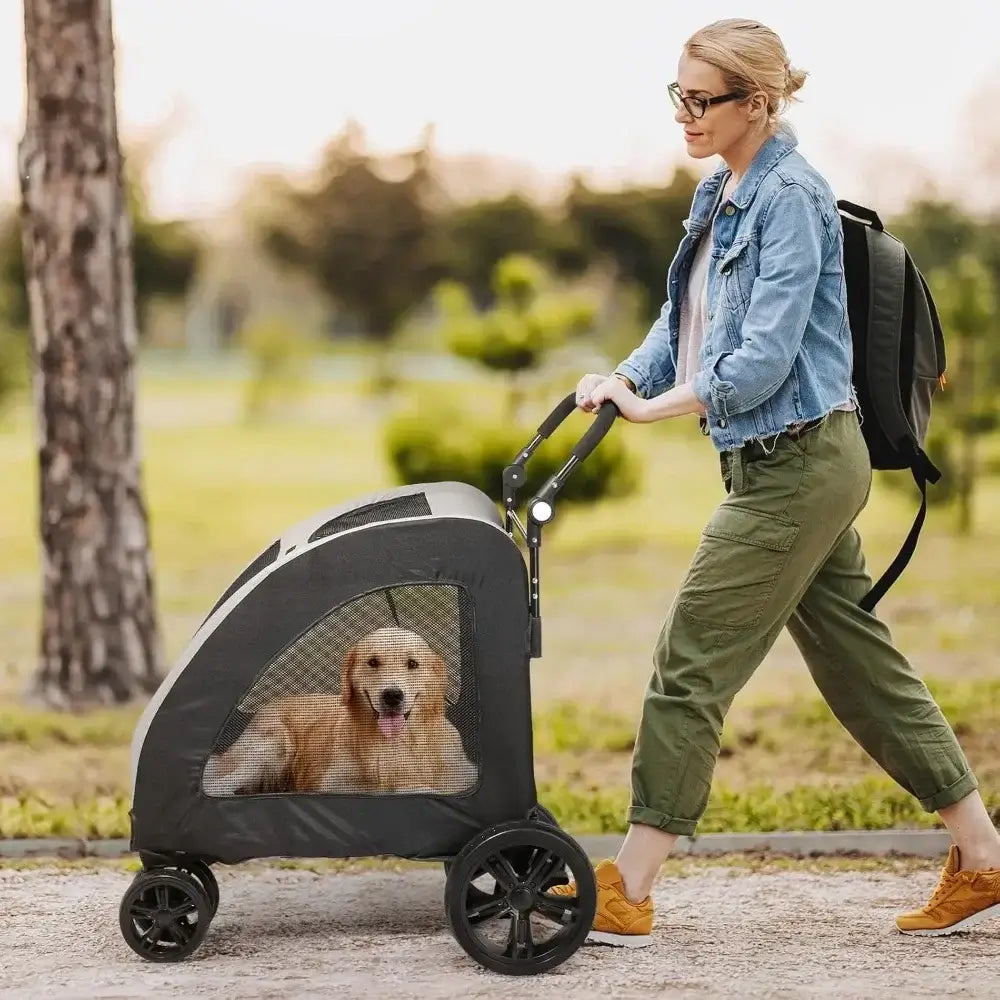 Woman pushing a dog stroller cart for extra large pets with a golden retriever inside, in a park setting.