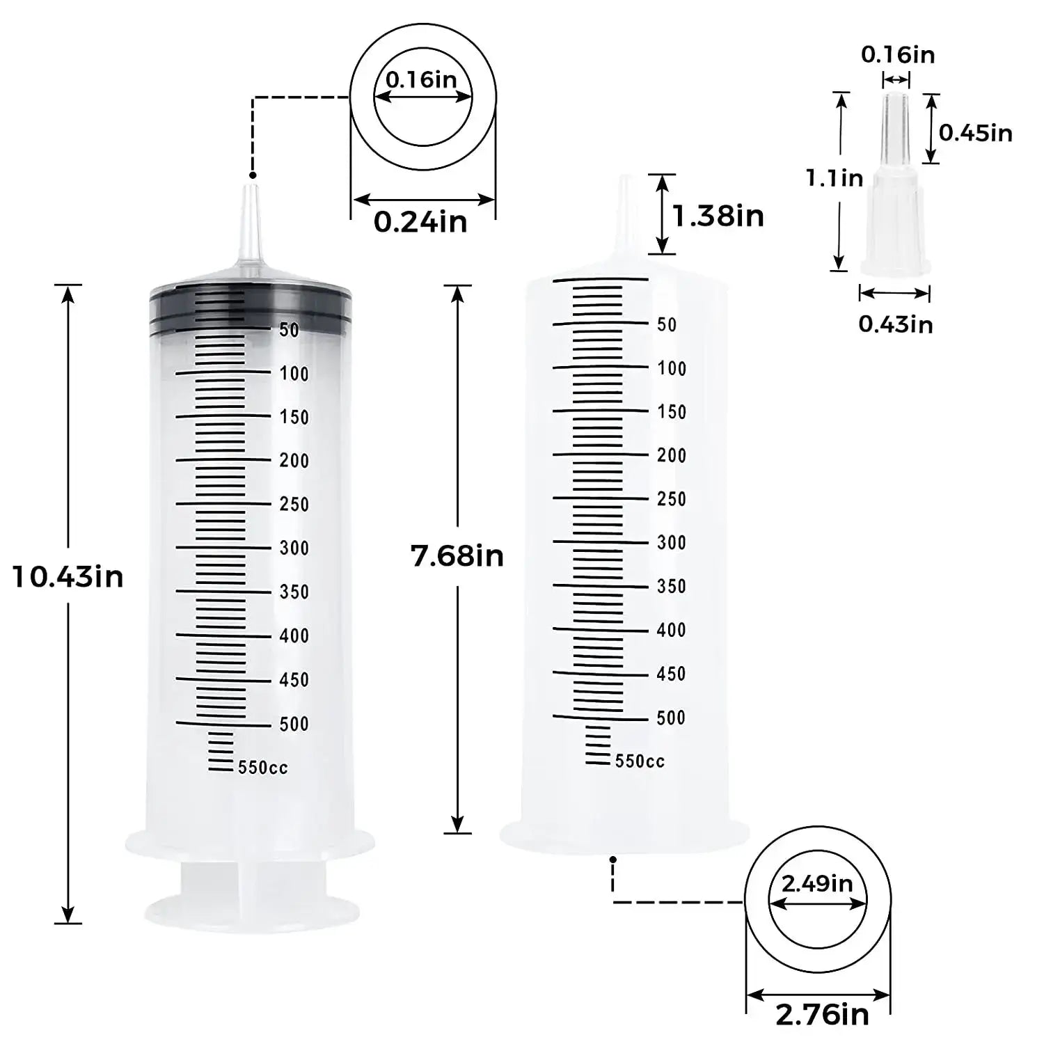 Multifunction syringe for pet care with measurement markings, illustrating sizes of 550cc and 100cc for easy use.