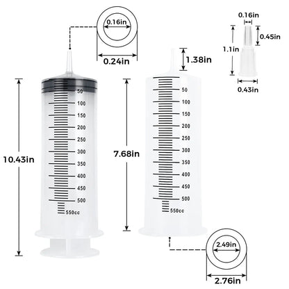 Multifunction syringe for pet care with measurement markings, illustrating sizes of 550cc and 100cc for easy use.