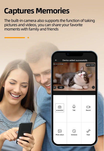 Couple enjoys using a smartphone camera to capture memories with their cat, highlighting pet connectivity features.