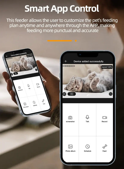 Smart feeder app control interface for managing pet feeding schedules remotely. User-friendly design with monitoring features.