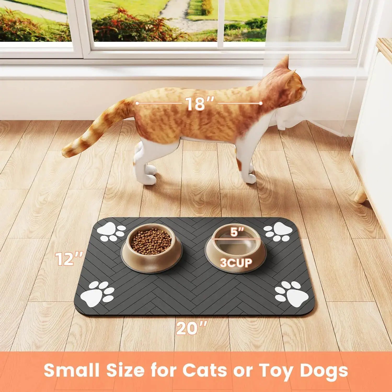 Small waterproof pet feeding mat with bowls, ideal for cats and toy dogs, measuring 20x12 inches.