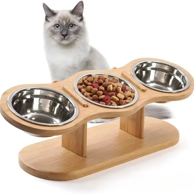 &quot;Wooden Cat Bowl Stand: Neck-Protecting Design&quot;