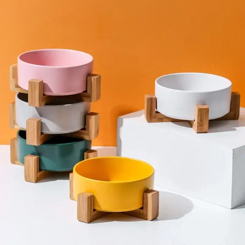 &quot;Ceramic Pet Bowls with Wooden No-Spill Stand&quot;