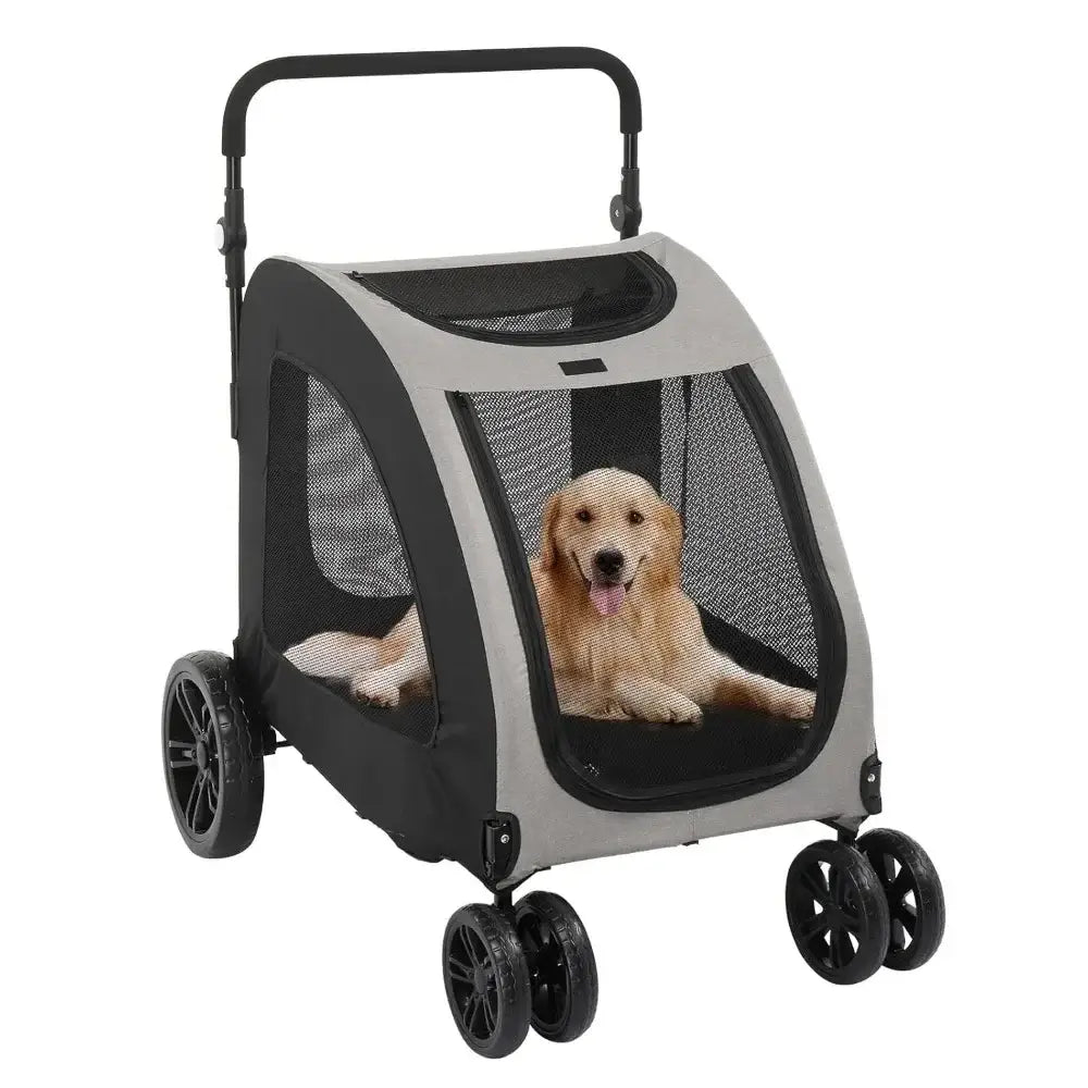 Dog in large pet stroller cart with four wheels, supports up to 100 lbs, for extra large pets, comfortable and foldable design for easy travel