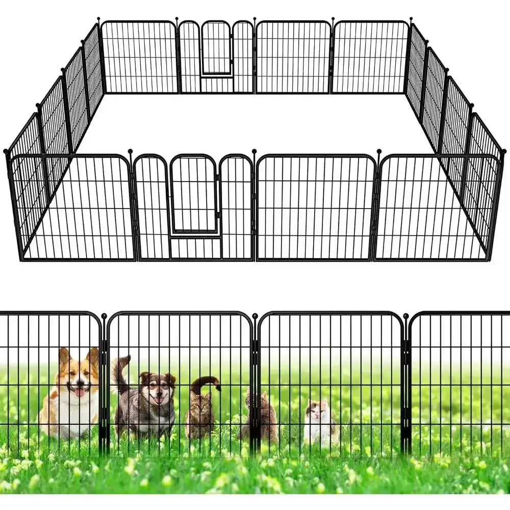 Metal dog fence with gate in yard, no-dig animal barrier and playpen for camping, featuring various dogs sitting safely inside.