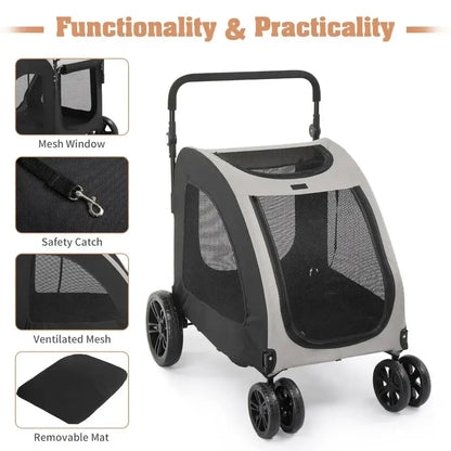 Folding dog stroller cart for extra large pets with 4 wheels, mesh windows, safety catch, ventilated mesh, and removable mat, supports up to 100 lbs