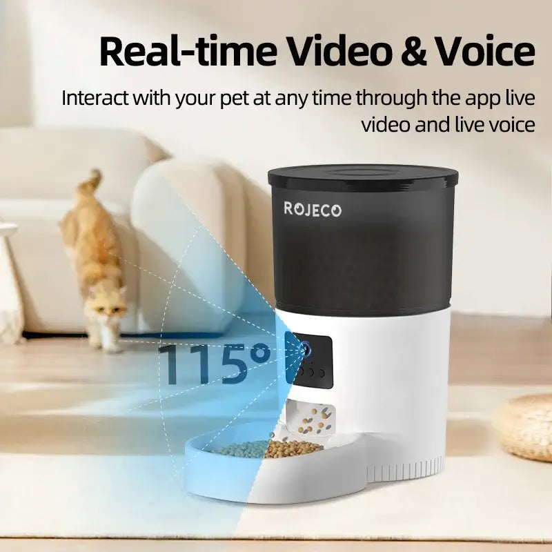 Smart feeder with camera and voice recorder, providing real-time pet interaction and remote feeding.