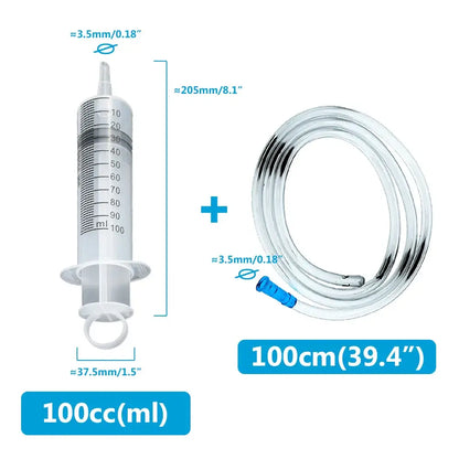 Multifunction syringe for pets with 100 ml capacity and 100 cm hose, ideal for feeding and administering liquids.