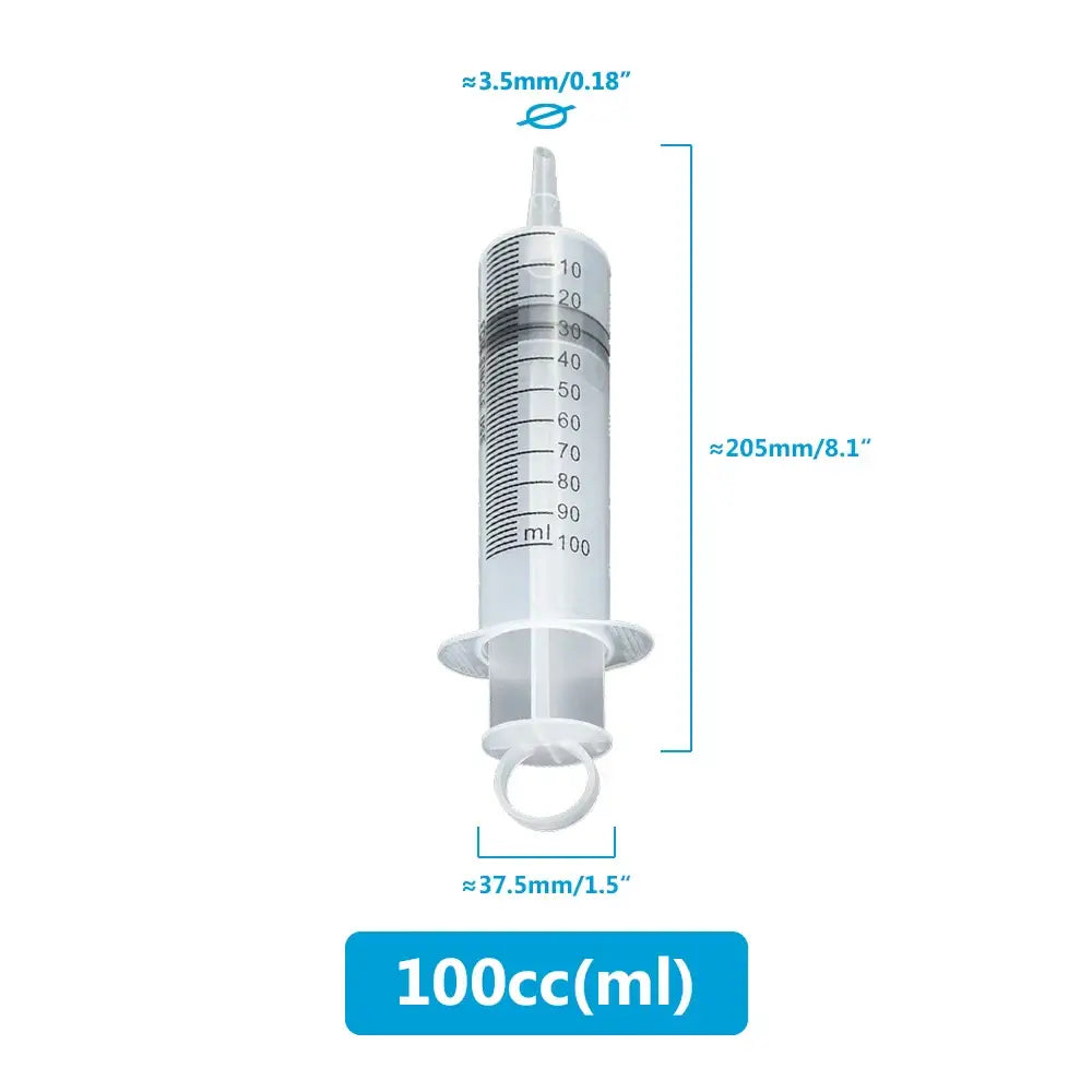 Multifunction syringe for pet care, 100 ml capacity, marked measurements for precise dosing, easy to use and clean.