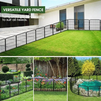 Metal dog fence with gate used as a versatile no-dig garden barrier and playpen in various yard and camping scenarios