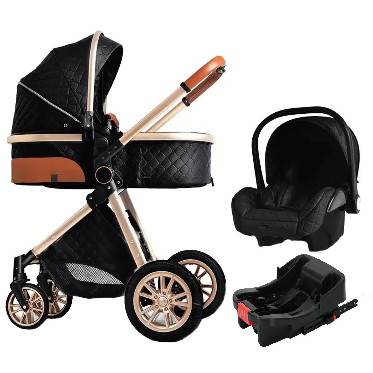 3 in 1 Luxury Stroller – Foldable and High Visibility with car seat and base, ideal for newborns and easy travel.