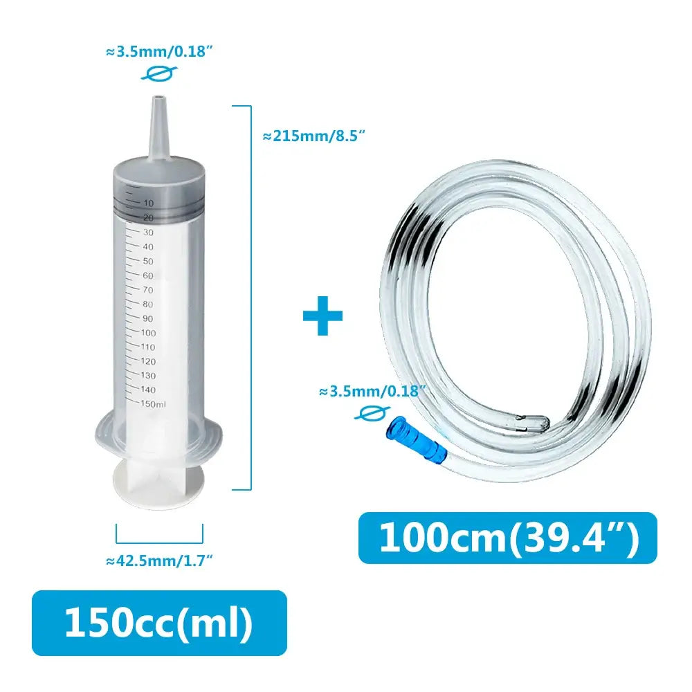 Multifunction syringe for pets 150cc with 100cm hose, ideal for feeding liquids or medication, durable and easy to clean.