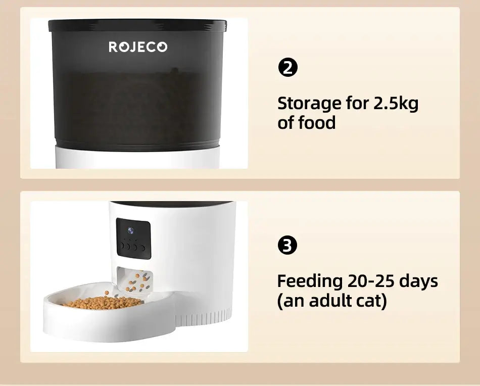 Smart feeder with 2.5kg food storage, designed for 20-25 days feeding for an adult cat.