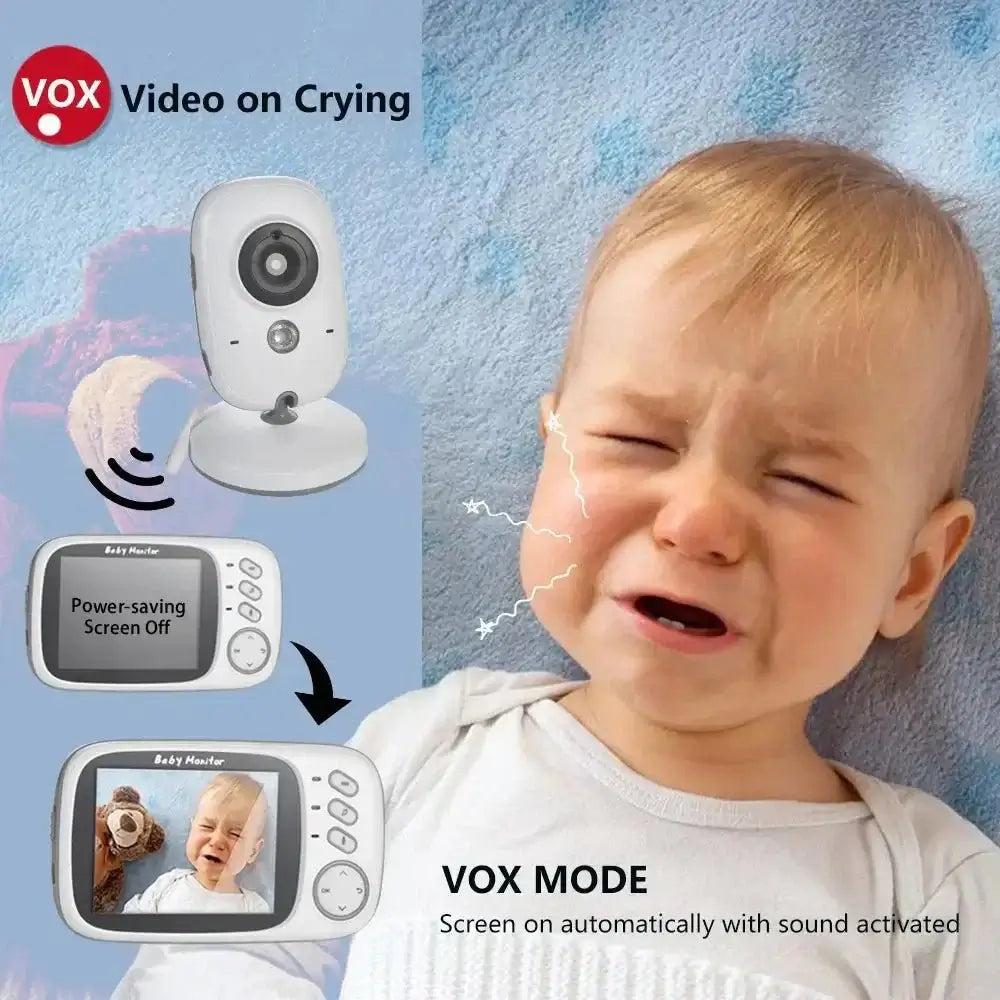 Baby Monitor VB603 V2 showing screen automatically turning on when baby cries, featuring camera and 3.2&