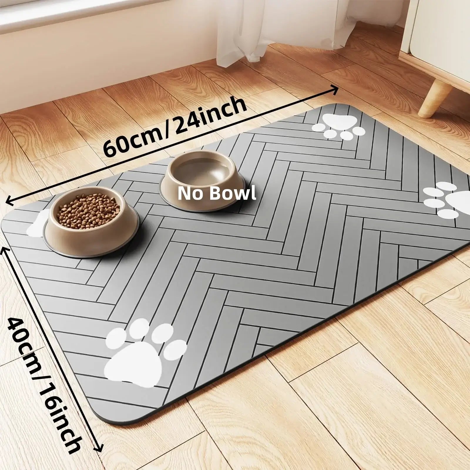 Waterproof pet feeding mat with non-slip design, dimensions 60cm x 40cm, ideal for food and water bowls.