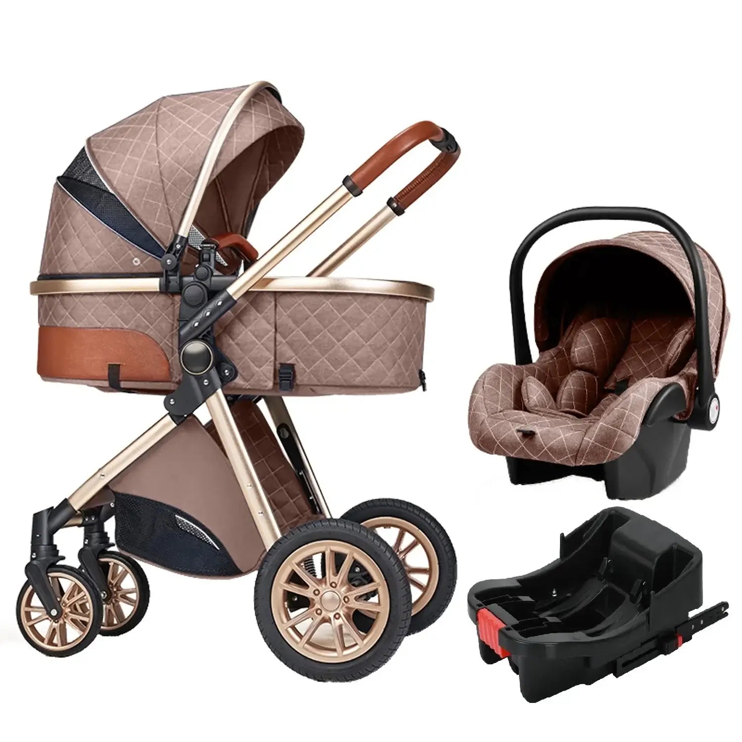 3-in-1 Luxury Stroller with elevated design, foldable and high visibility features for newborns.