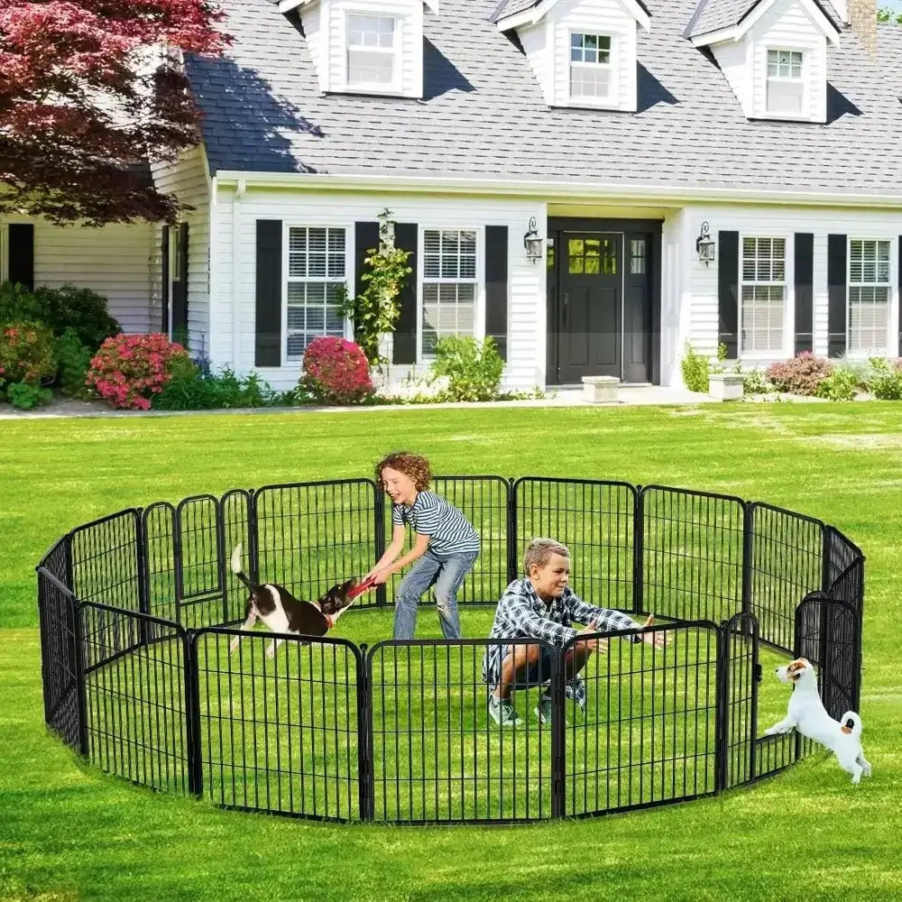 Kids playing with dogs inside a metal dog fence with gate in a backyard